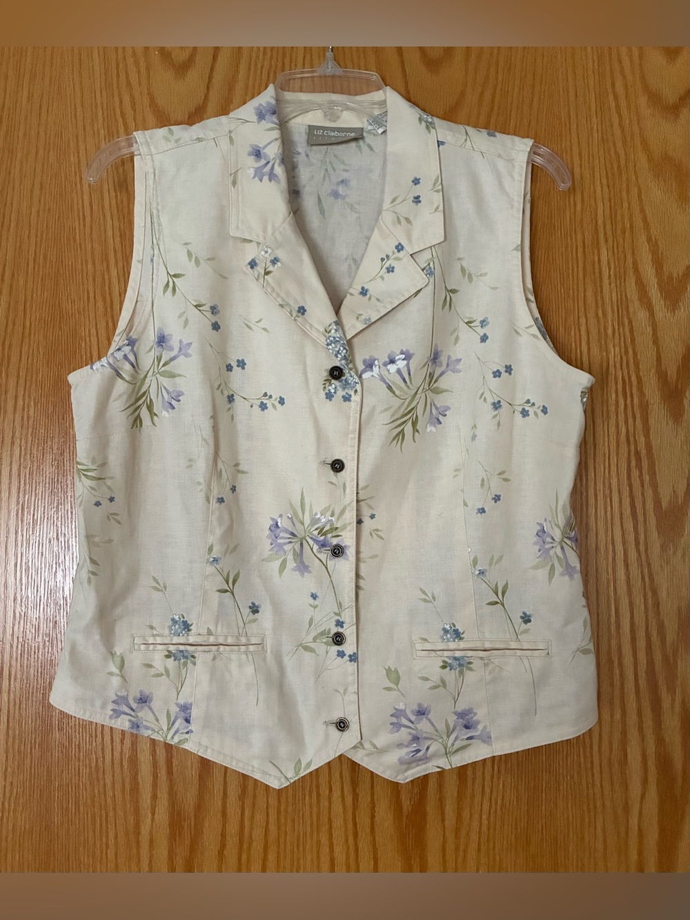 Liz Claiborne Linen Blend Vest, Sz. 14, Cream Color w/ Purple Flowers